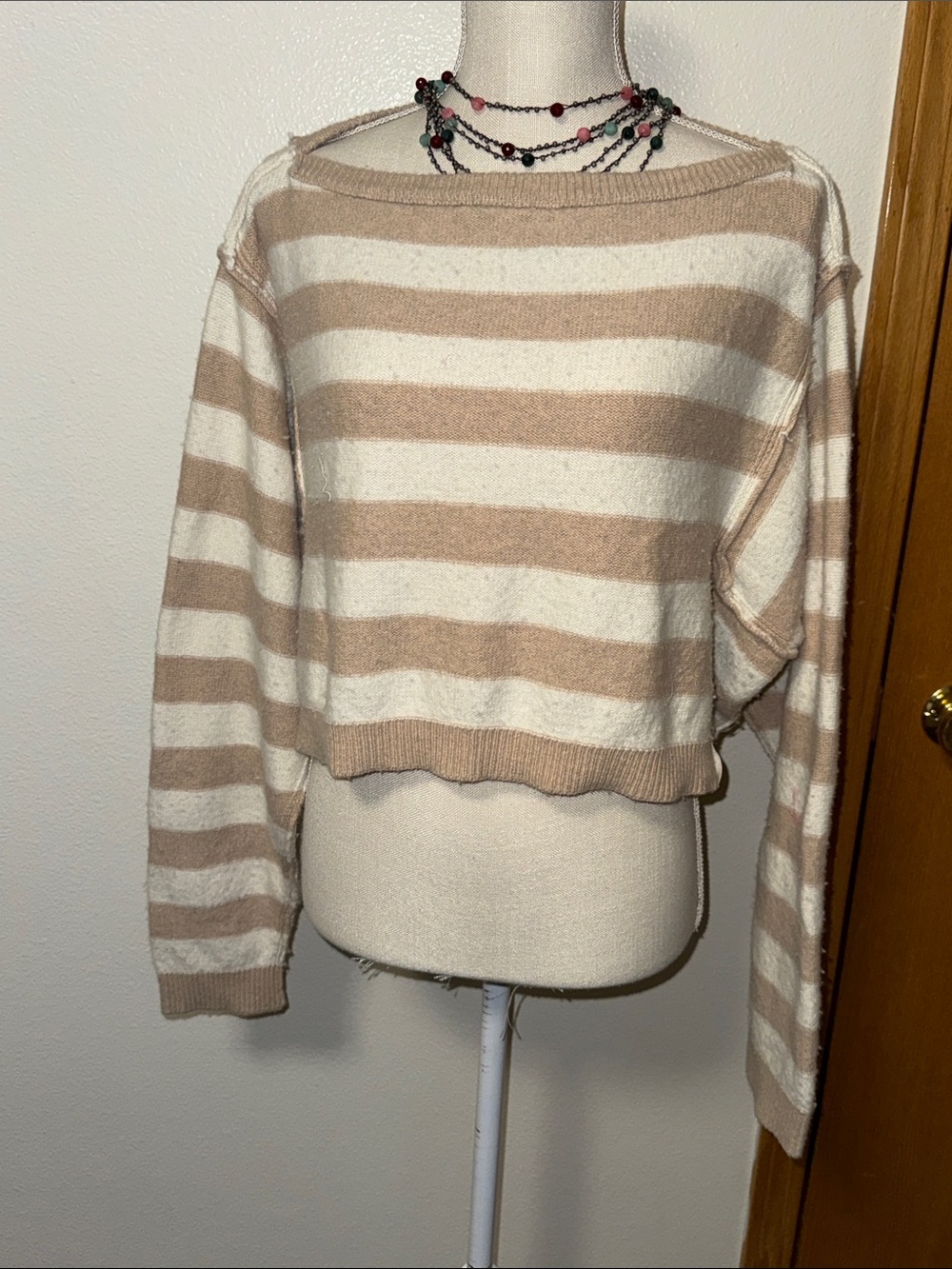 We The Free Striped Beige and Cream Cropped Sweater size Large